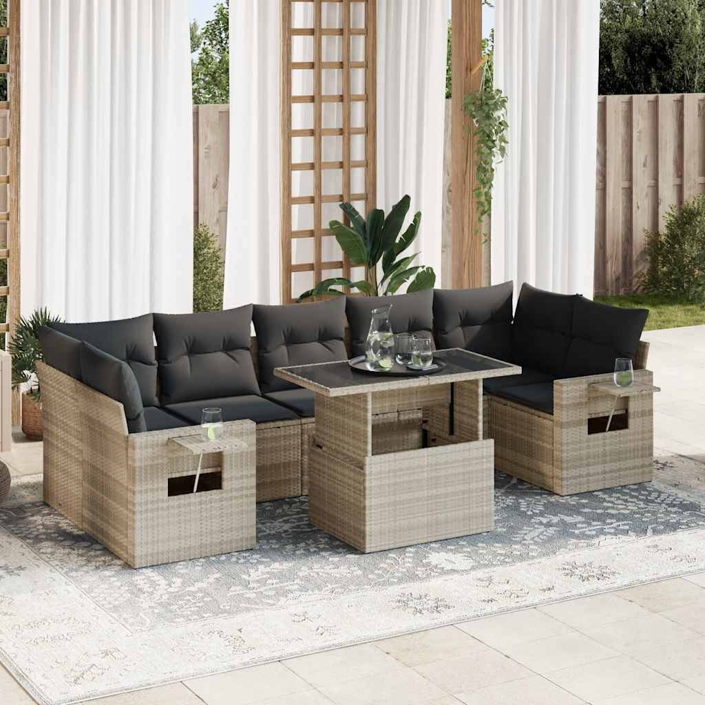 vidaXL 8-tlg. Garten-Sofagarnitur mit Kissen Hellgrau Poly Rattan