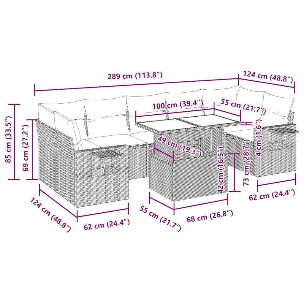 vidaXL 8-tlg. Garten-Sofagarnitur mit Kissen Hellgrau Poly Rattan