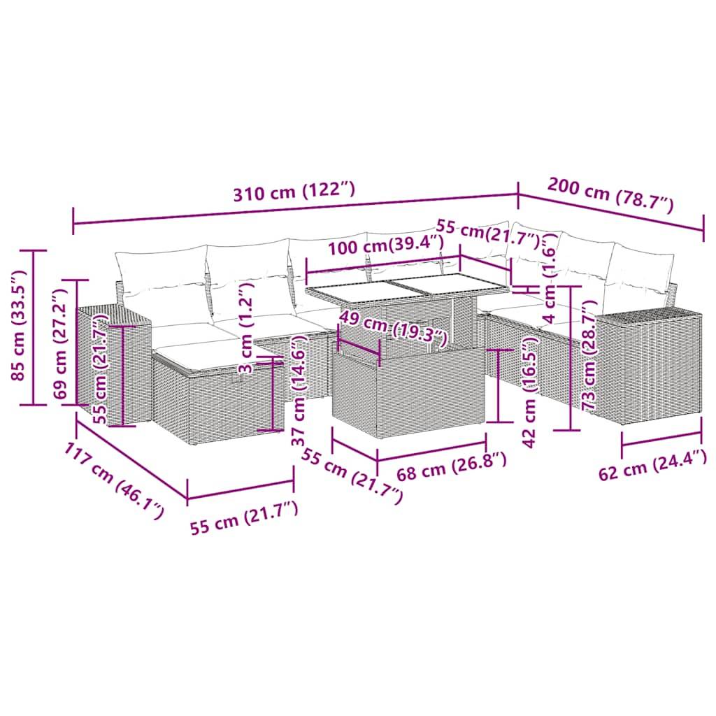 vidaXL 9-tlg. Garten-Sofagarnitur mit Kissen Hellgrau Poly Rattan
