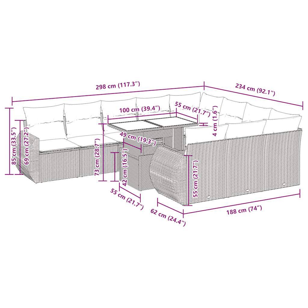 vidaXL 11-tlg. Garten-Sofagarnitur mit Kissen Hellgrau Poly Rattan