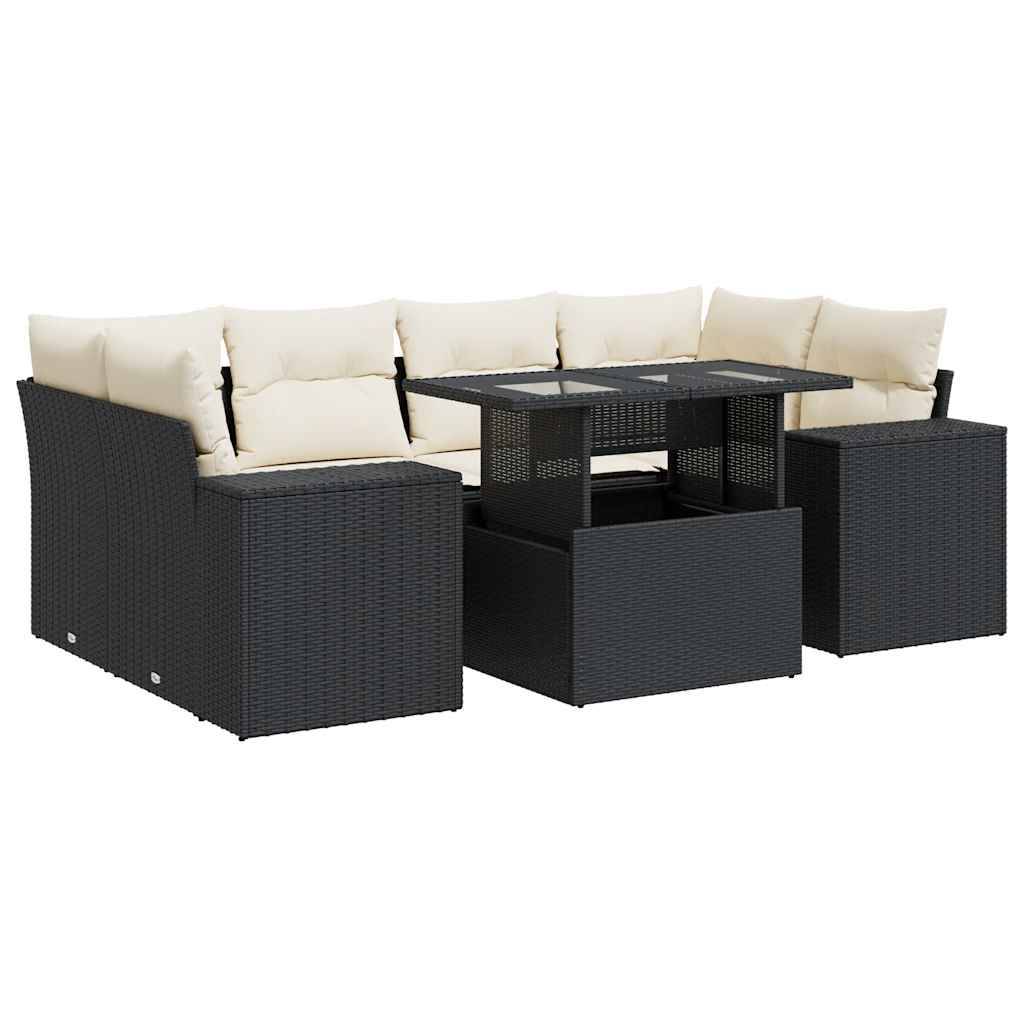 vidaXL 7-tlg. Garten-Sofagarnitur mit Kissen Schwarz Poly Rattan