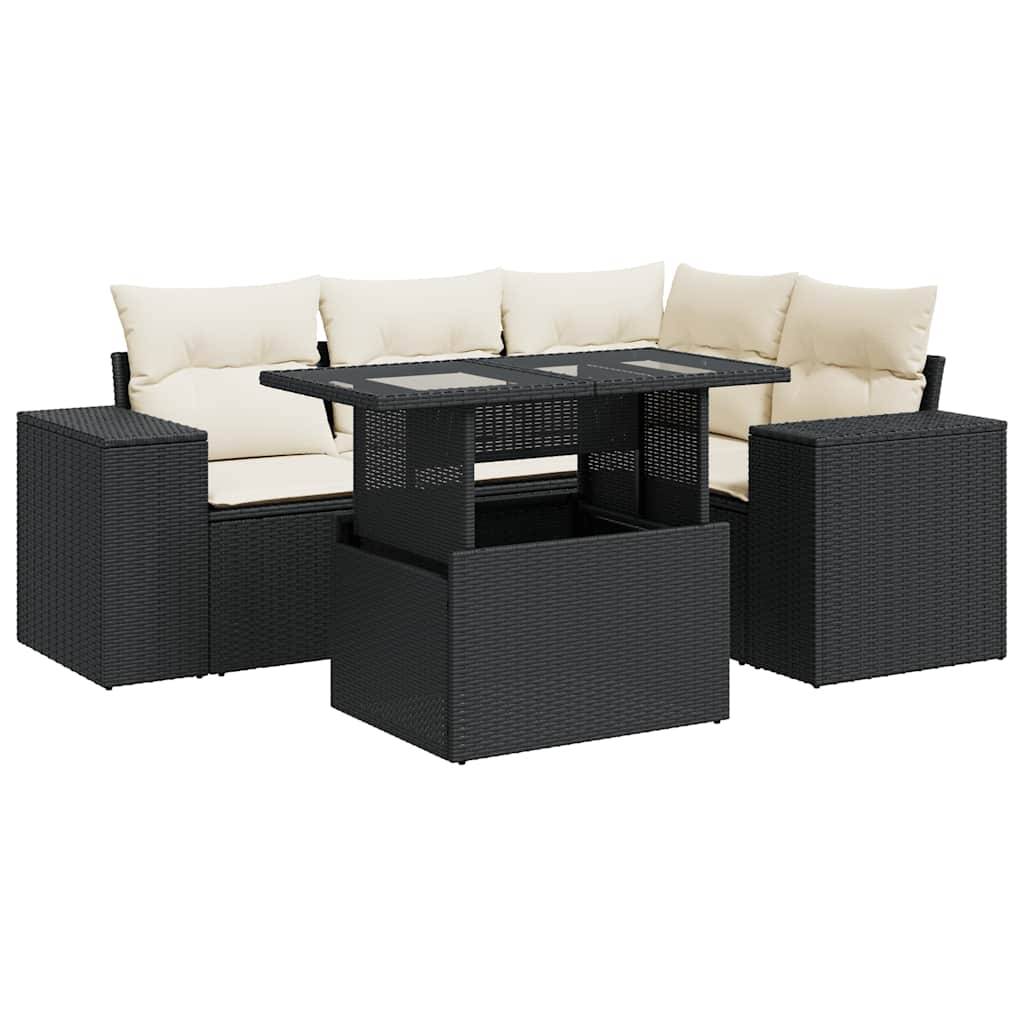 vidaXL 5-tlg. Garten-Sofagarnitur mit Kissen Schwarz Poly Rattan