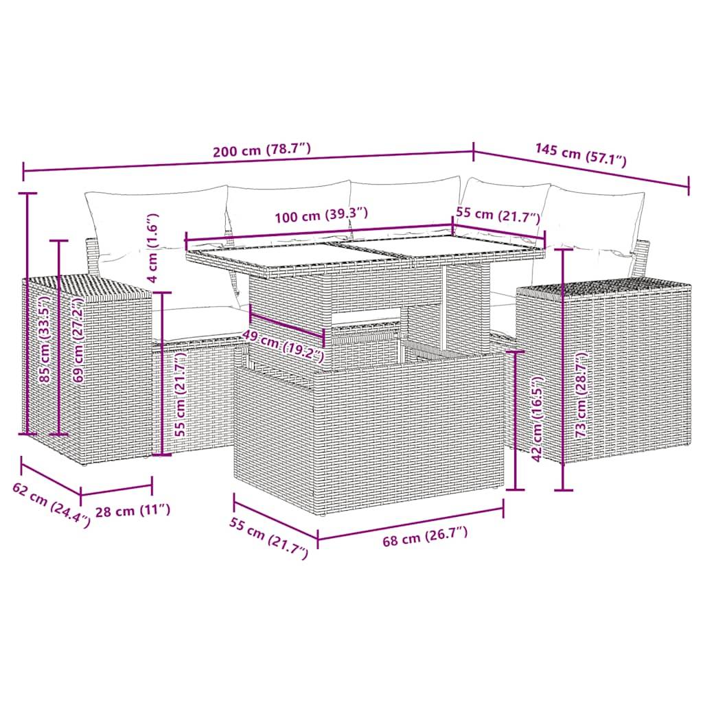 vidaXL 5-tlg. Garten-Sofagarnitur mit Kissen Schwarz Poly Rattan