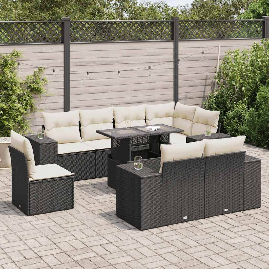 vidaXL 9-tlg. Garten-Sofagarnitur mit Kissen Schwarz Poly Rattan