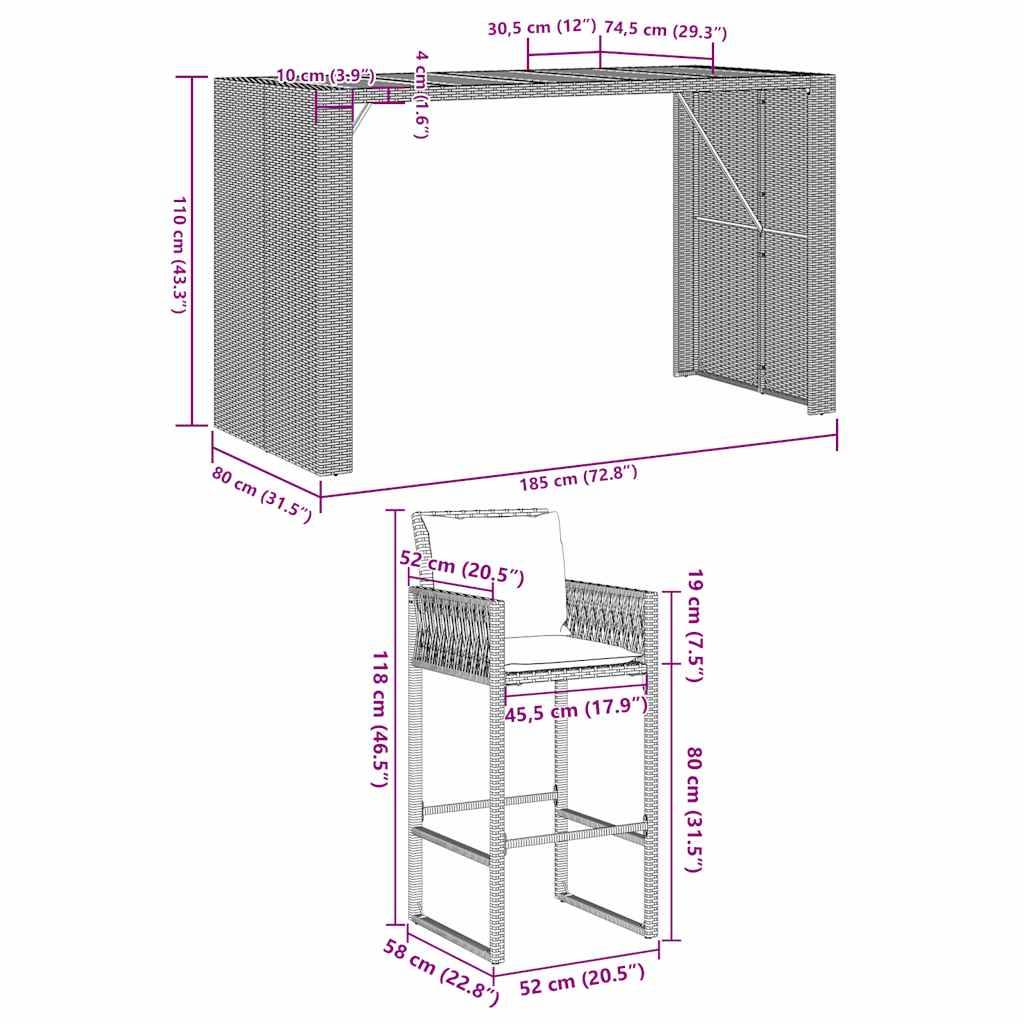 vidaXL 5-tlg. Gartenbar-Set mit Kissen Grau Poly Rattan Akazie