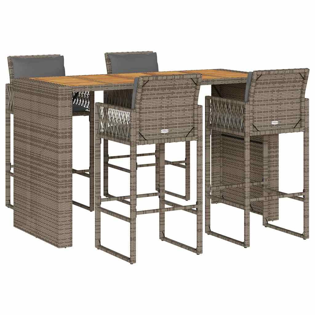 vidaXL 5-tlg. Gartenbar-Set mit Kissen Grau Poly Rattan Akazie