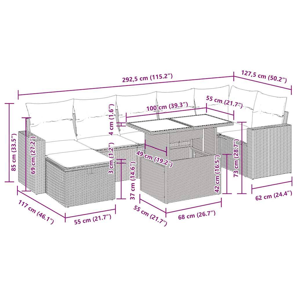 vidaXL 8-tlg. Garten-Sofagarnitur mit Kissen Grau Poly Rattan