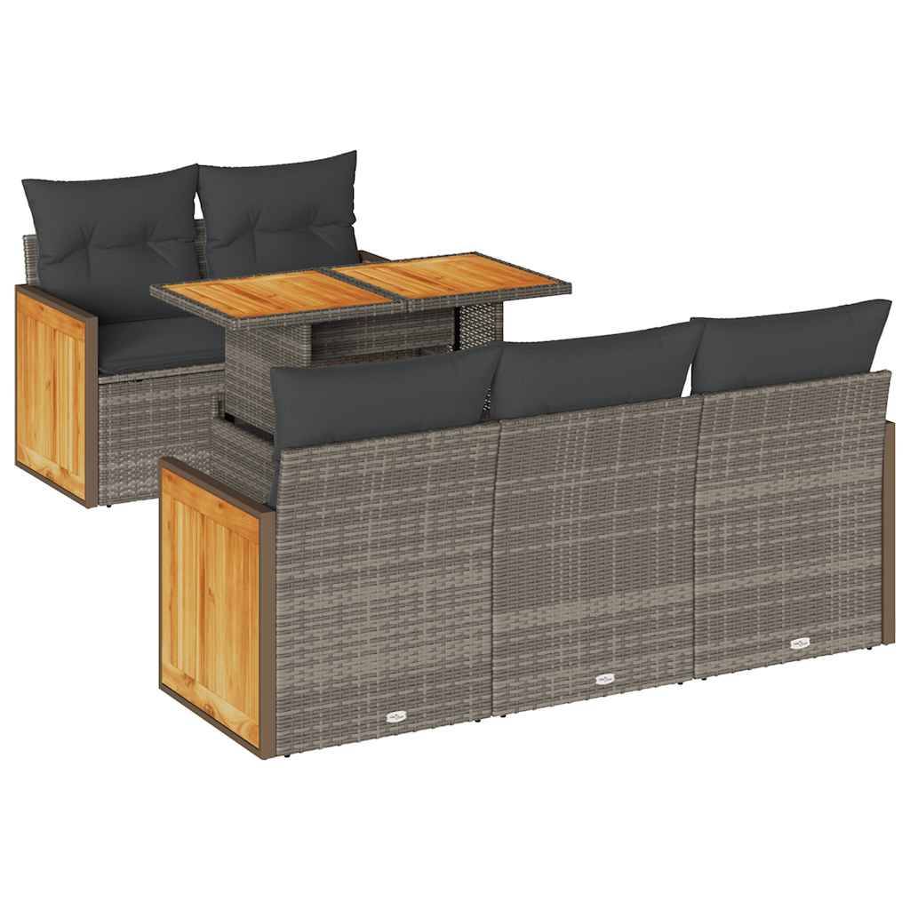 vidaXL 6-tlg. Garten-Sofagarnitur mit Kissen Grau Poly Rattan Akazie