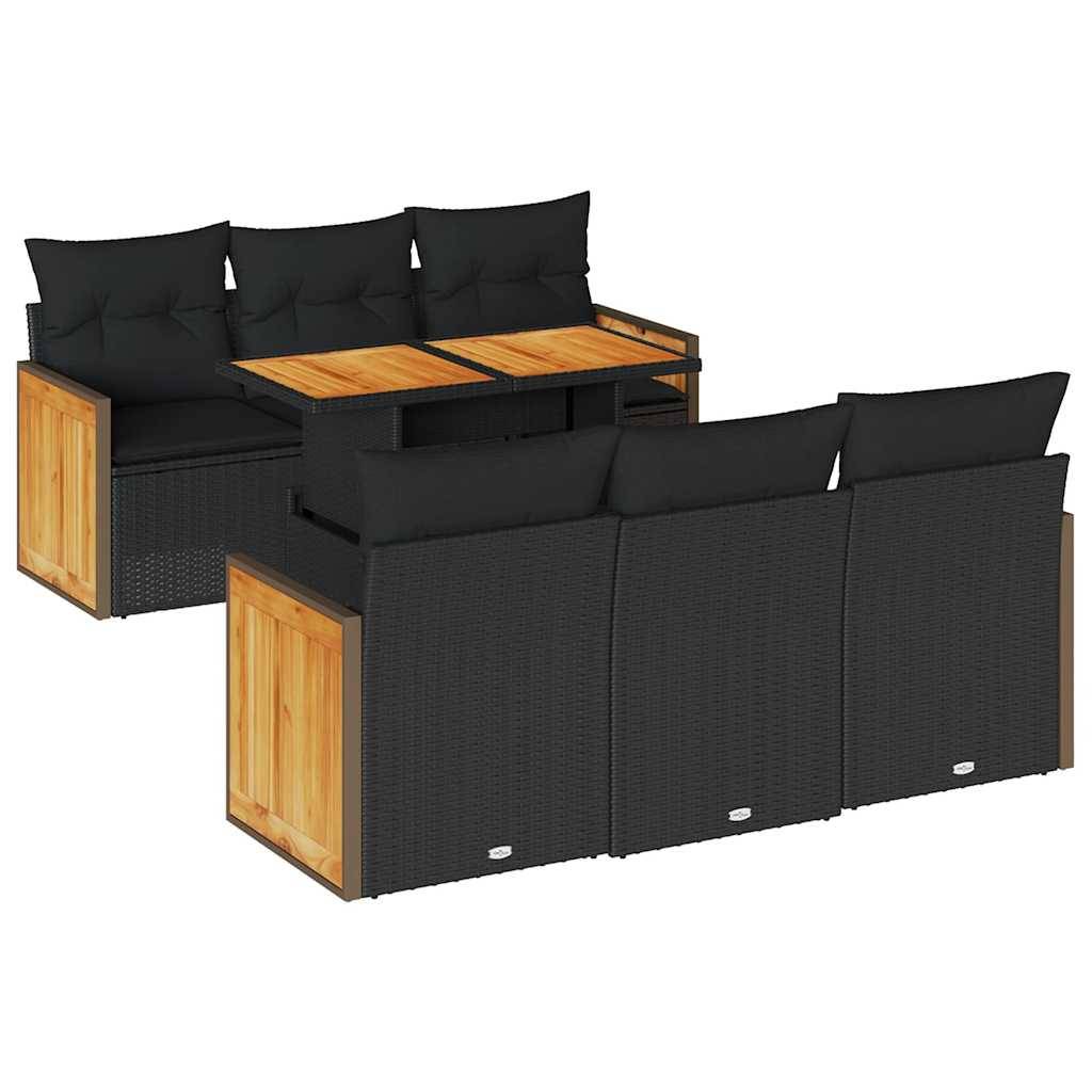 vidaXL 7-tlg. Garten-Sofagarnitur mit Kissen Schwarz Poly Rattan