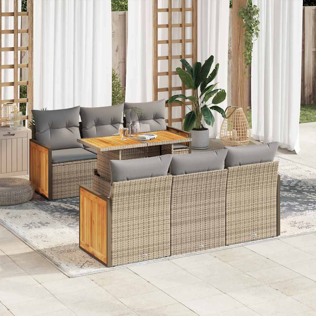vidaXL 7-tlg. Garten-Sofagarnitur mit Kissen Beige Poly Rattan Akazie