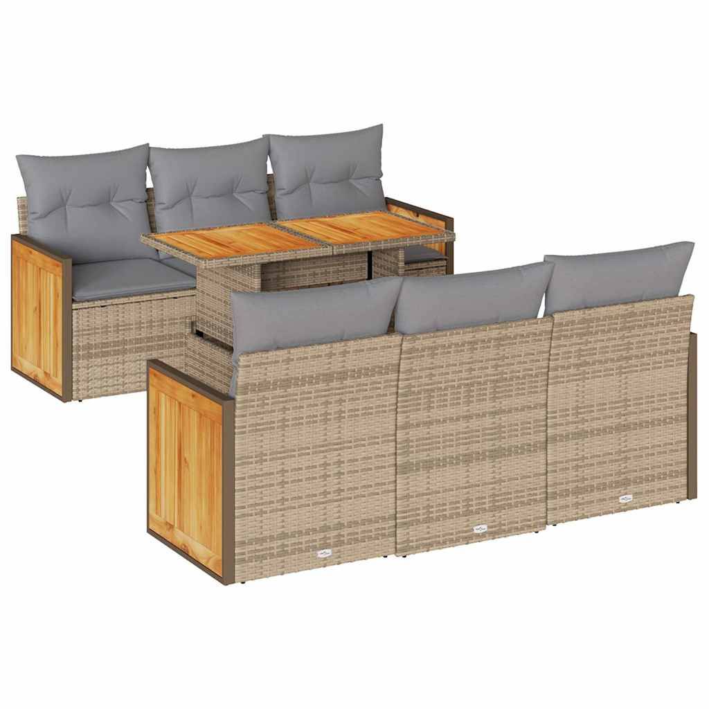 vidaXL 7-tlg. Garten-Sofagarnitur mit Kissen Beige Poly Rattan Akazie
