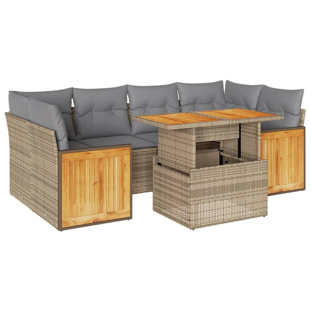 vidaXL 7-tlg. Garten-Sofagarnitur mit Kissen Beige Poly Rattan Akazie