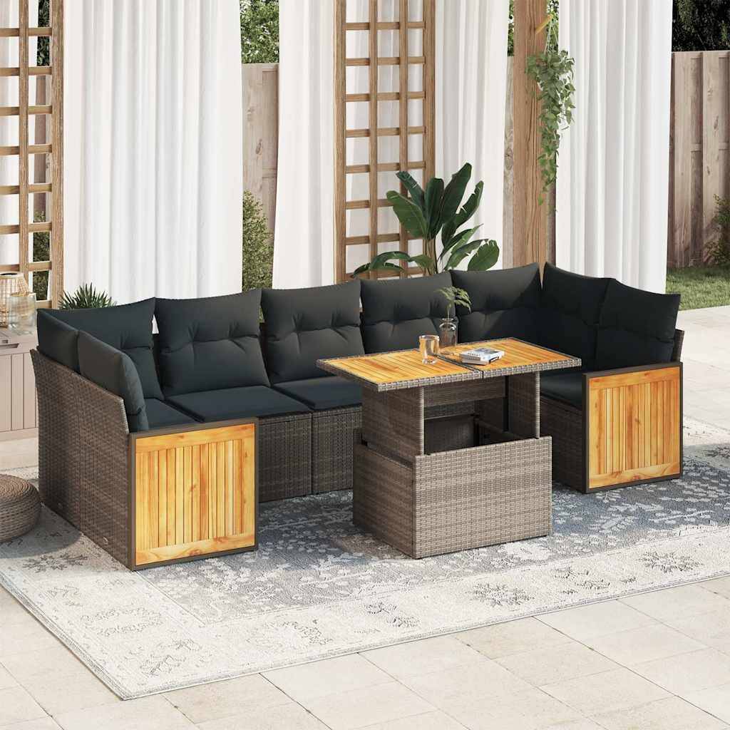 vidaXL 8-tlg. Garten-Sofagarnitur mit Kissen Grau Poly Rattan Akazie