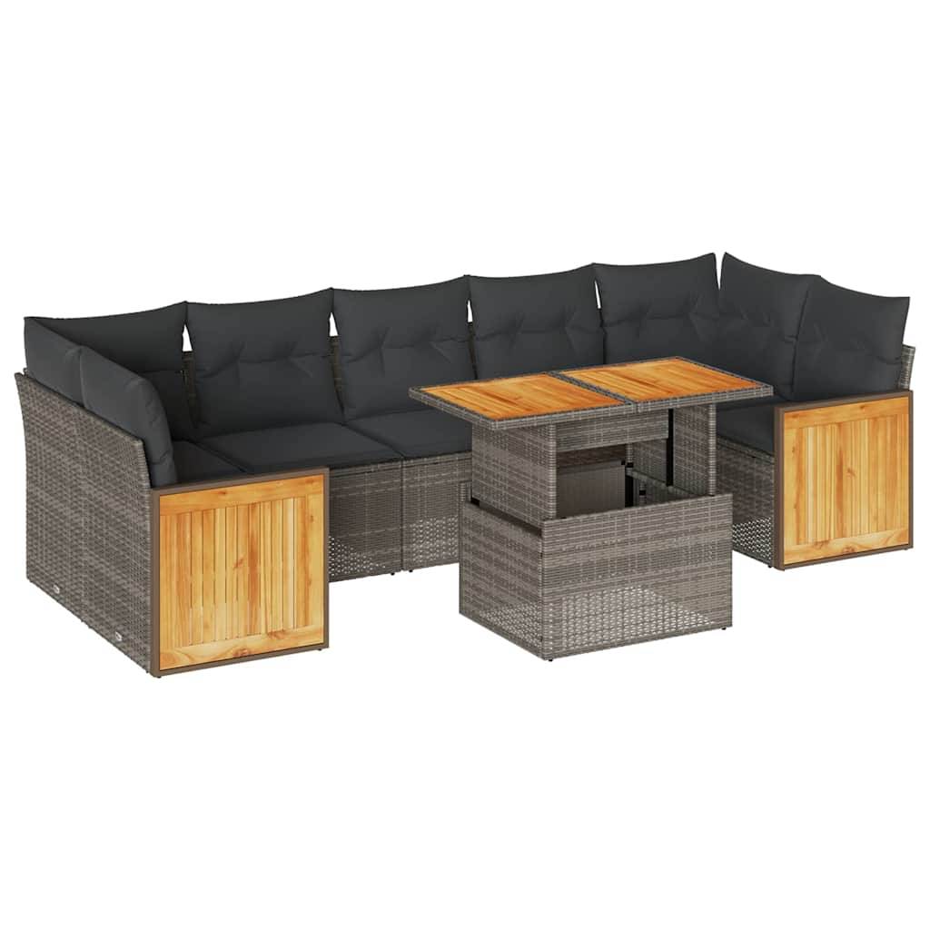 vidaXL 8-tlg. Garten-Sofagarnitur mit Kissen Grau Poly Rattan Akazie