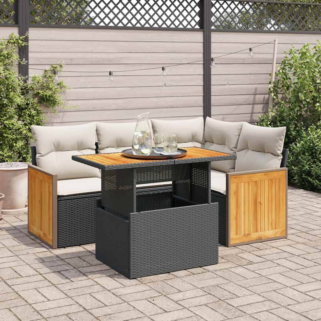 vidaXL 5tlg. Garten-Sofagarnitur mit Kissen Schwarz Poly Rattan Akazie