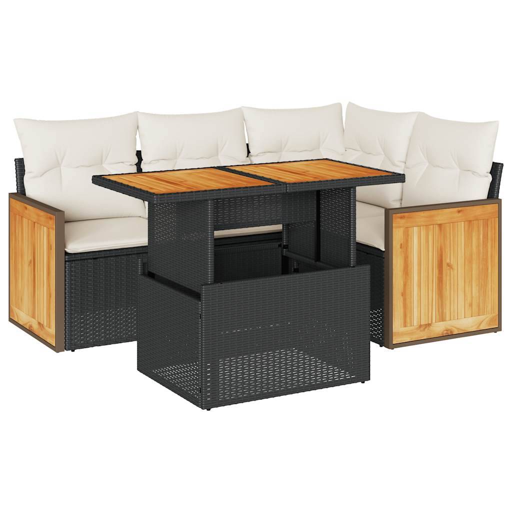 vidaXL 5tlg. Garten-Sofagarnitur mit Kissen Schwarz Poly Rattan Akazie