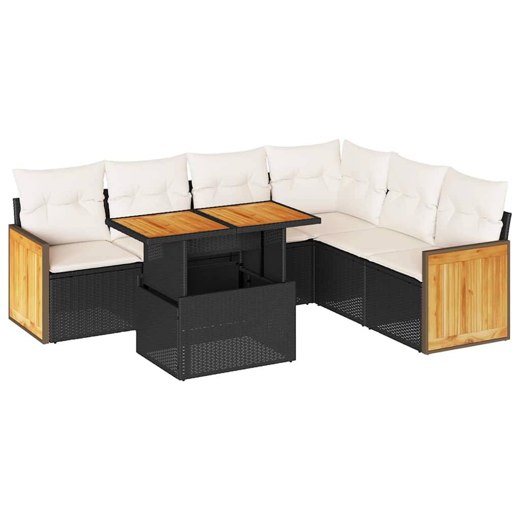 vidaXL 7-tlg. Garten-Sofagarnitur mit Kissen Schwarz Poly Rattan