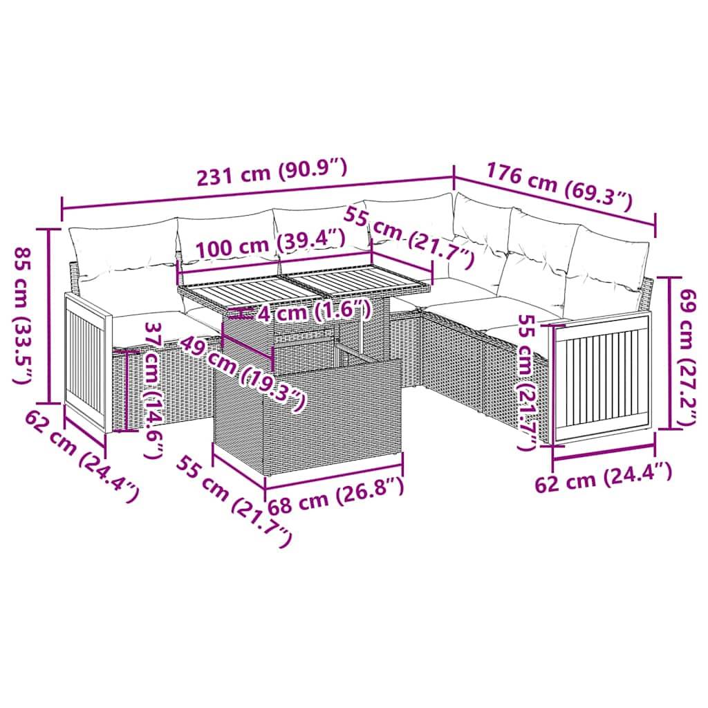 vidaXL 7-tlg. Garten-Sofagarnitur mit Kissen Schwarz Poly Rattan