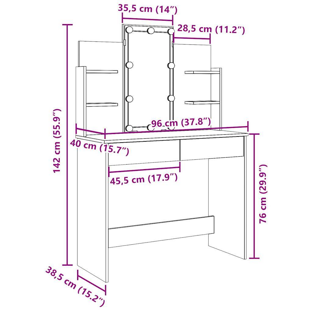 vidaXL Schminktisch mit LED-Leuchten Altholz-Optik 96x40x142 cm