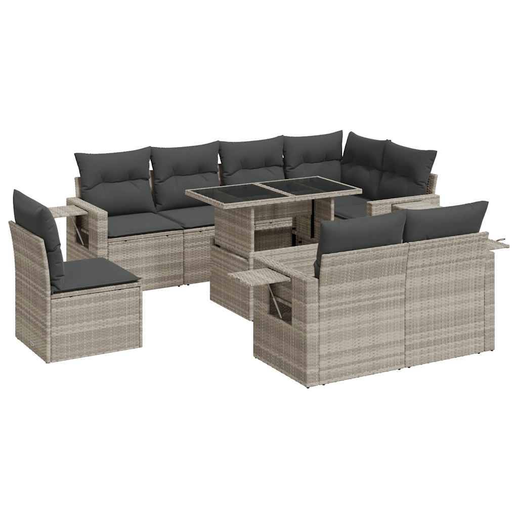 vidaXL 9-tlg. Garten-Sofagarnitur mit Kissen Hellgrau Poly Rattan