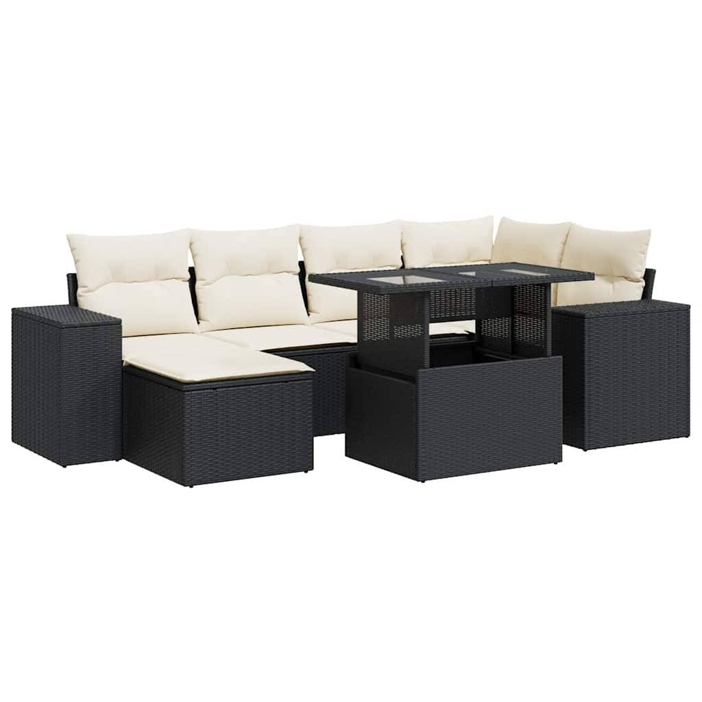 vidaXL 7-tlg. Garten-Sofagarnitur mit Kissen Schwarz Poly Rattan