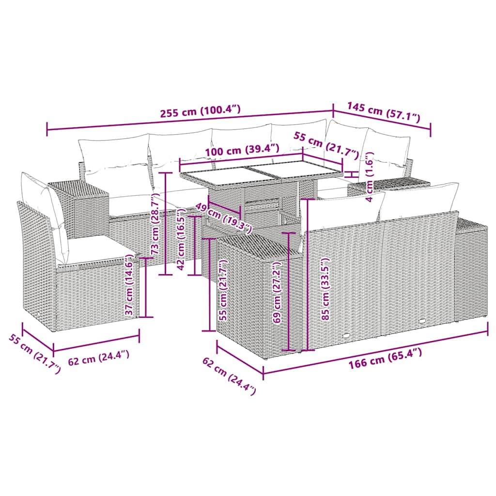 vidaXL 7-tlg. Garten-Sofagarnitur mit Kissen Schwarz Poly Rattan