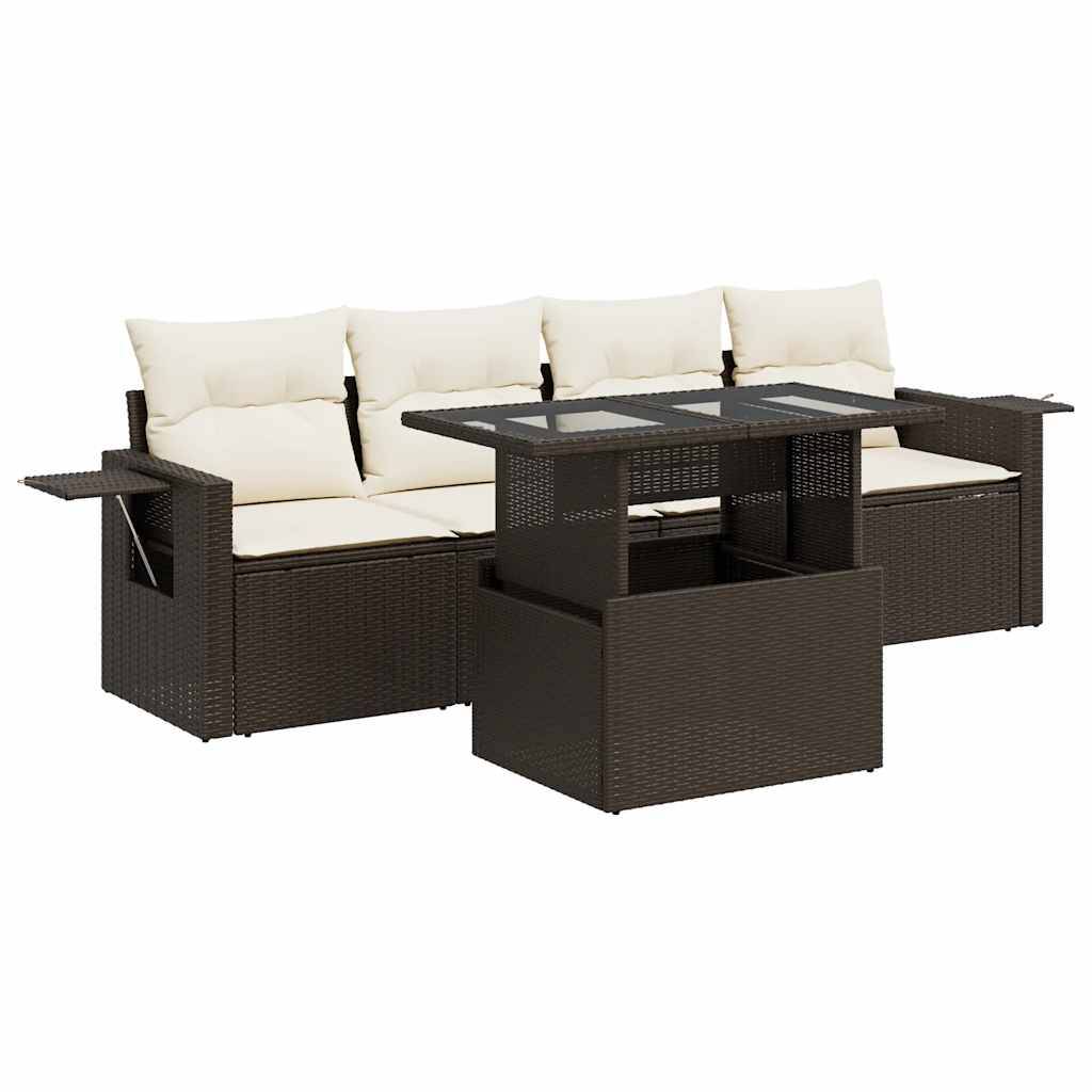 vidaXL 5-tlg. Garten-Sofagarnitur mit Kissen Braun Poly Rattan