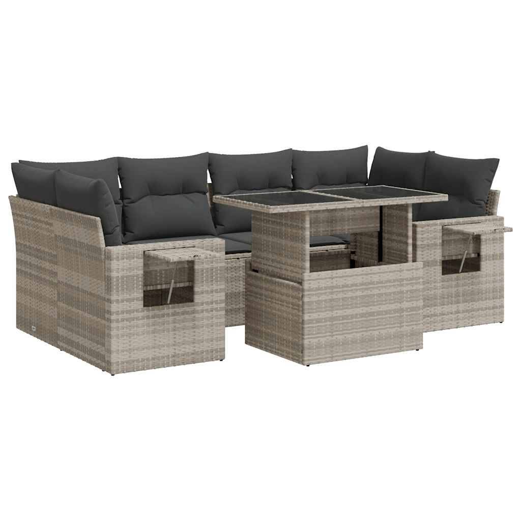 vidaXL 7-tlg. Garten-Sofagarnitur mit Kissen Hellgrau Poly Rattan