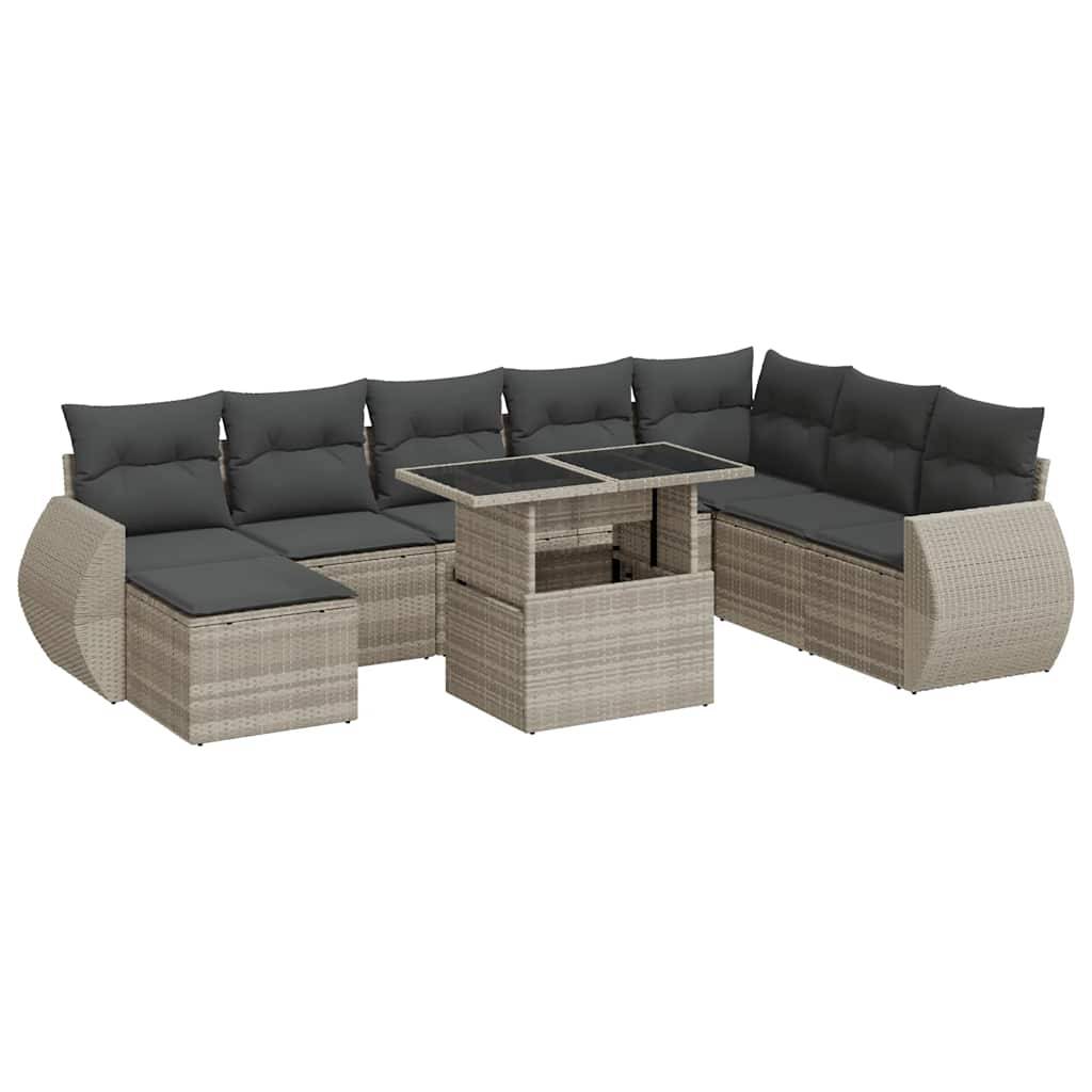 vidaXL 9-tlg. Garten-Sofagarnitur mit Kissen Hellgrau Poly Rattan