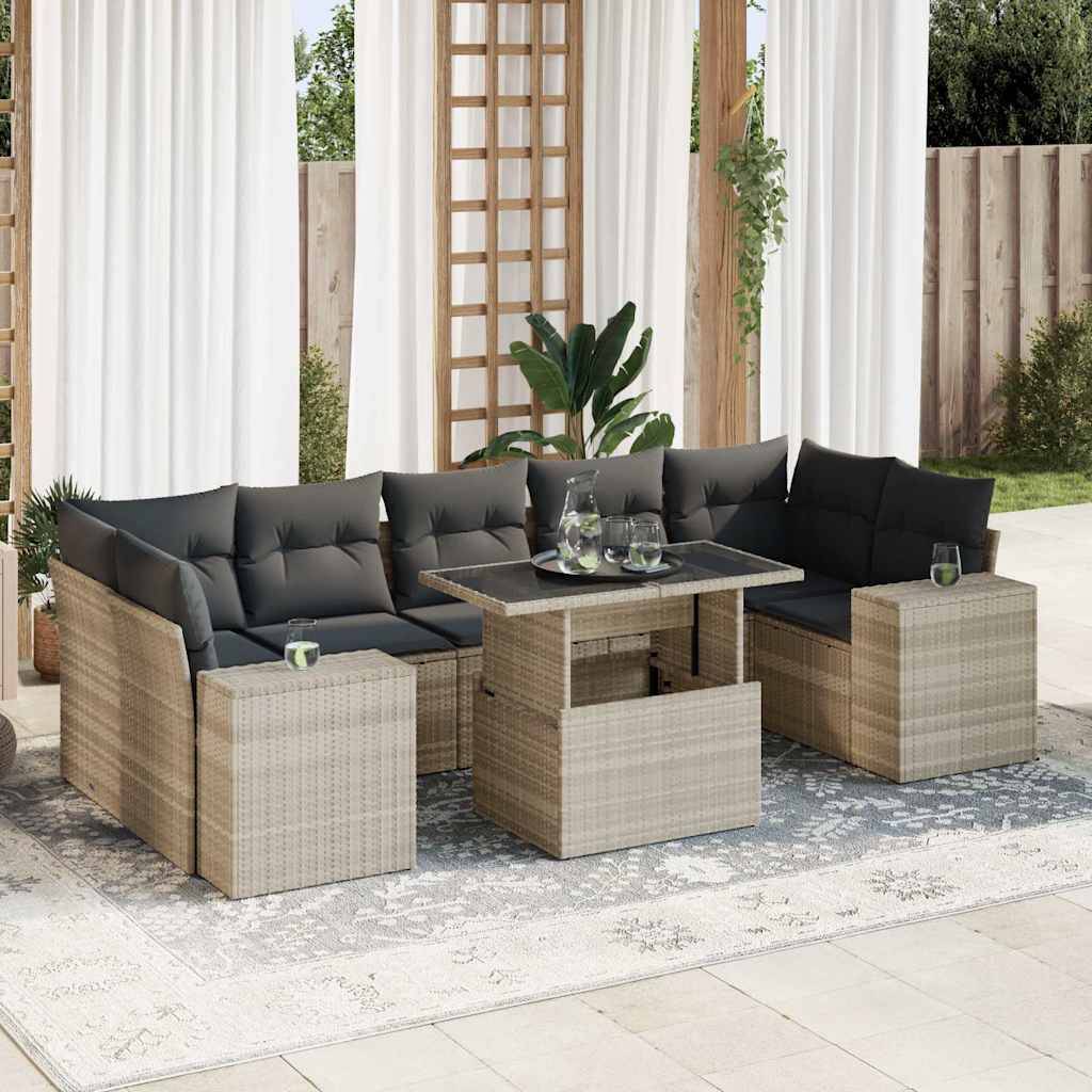 vidaXL 8-tlg. Garten-Sofagarnitur mit Kissen Hellgrau Poly Rattan