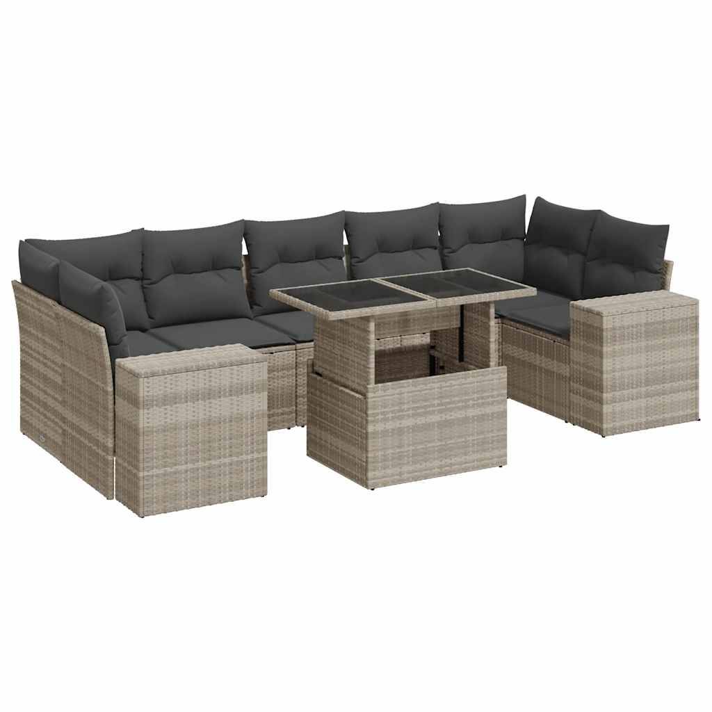 vidaXL 8-tlg. Garten-Sofagarnitur mit Kissen Hellgrau Poly Rattan