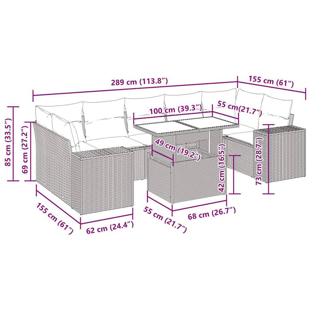 vidaXL 8-tlg. Garten-Sofagarnitur mit Kissen Hellgrau Poly Rattan