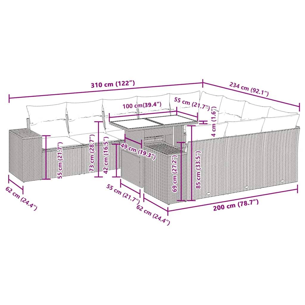 vidaXL 11-tlg. Garten-Sofagarnitur mit Kissen Schwarz Poly Rattan