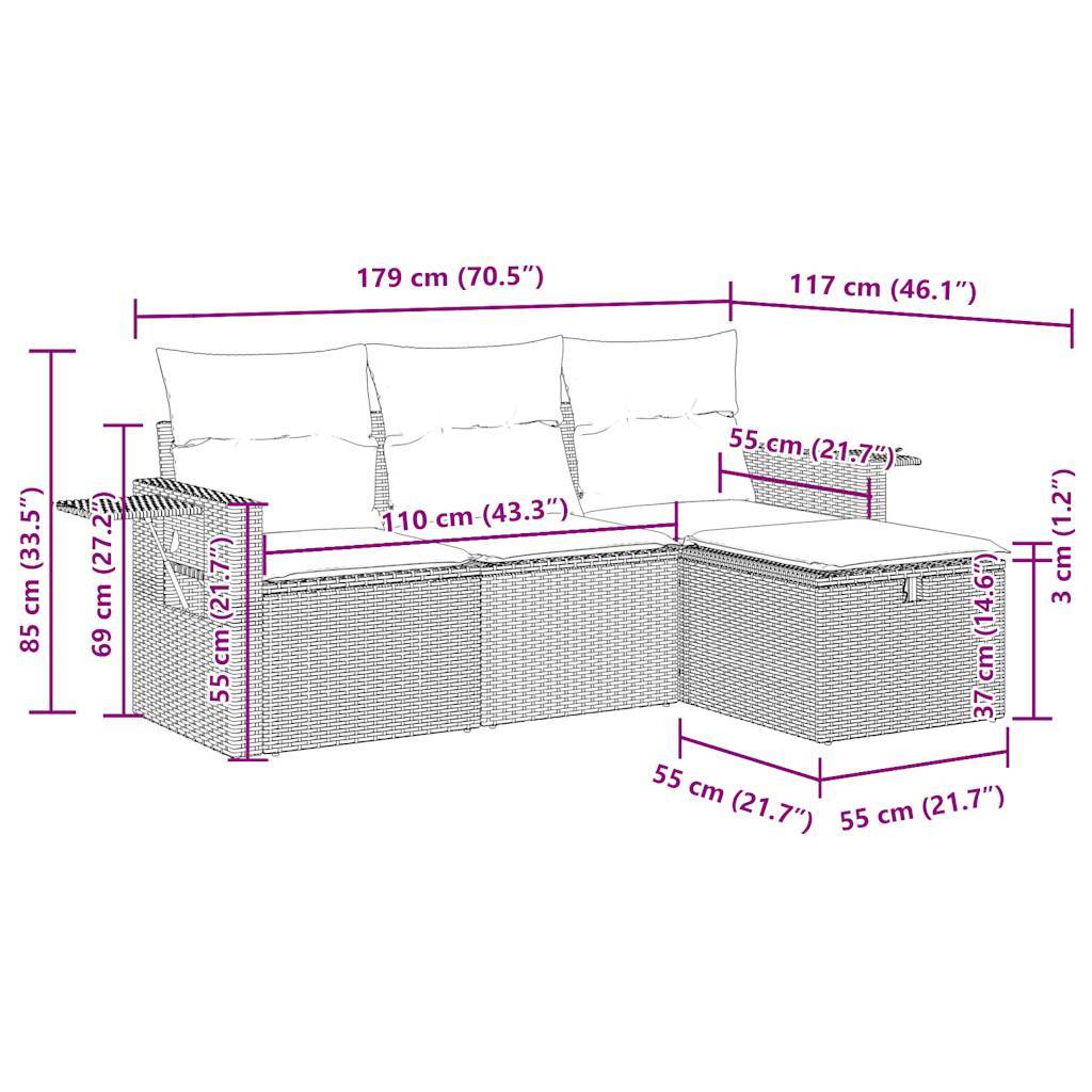 vidaXL 4-tlg. Garten-Sofagarnitur mit Kissen Schwarz Poly Rattan