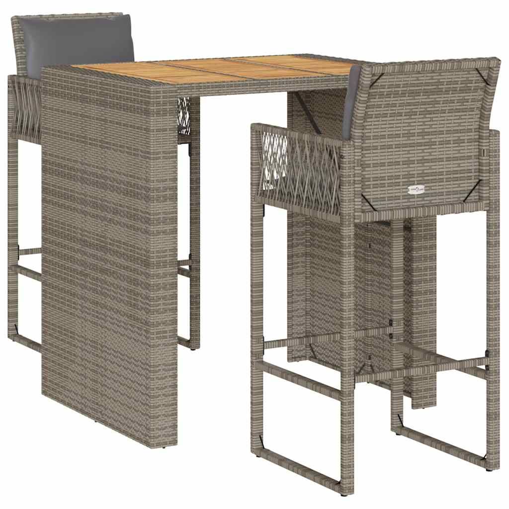 vidaXL 3-tlg. Gartenbar-Set mit Kissen Grau Poly Rattan Akazie