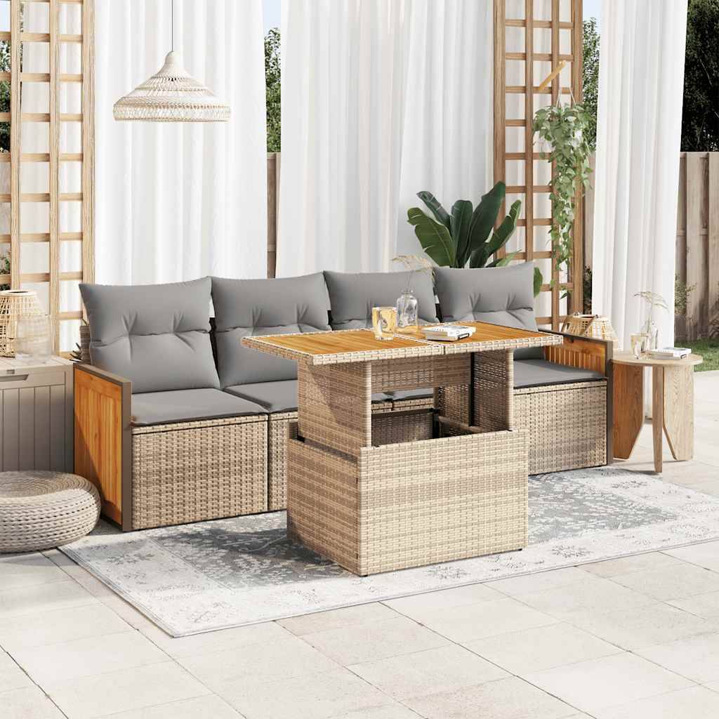 vidaXL 5-tlg. Garten-Sofagarnitur mit Kissen Beige Poly Rattan Akazie