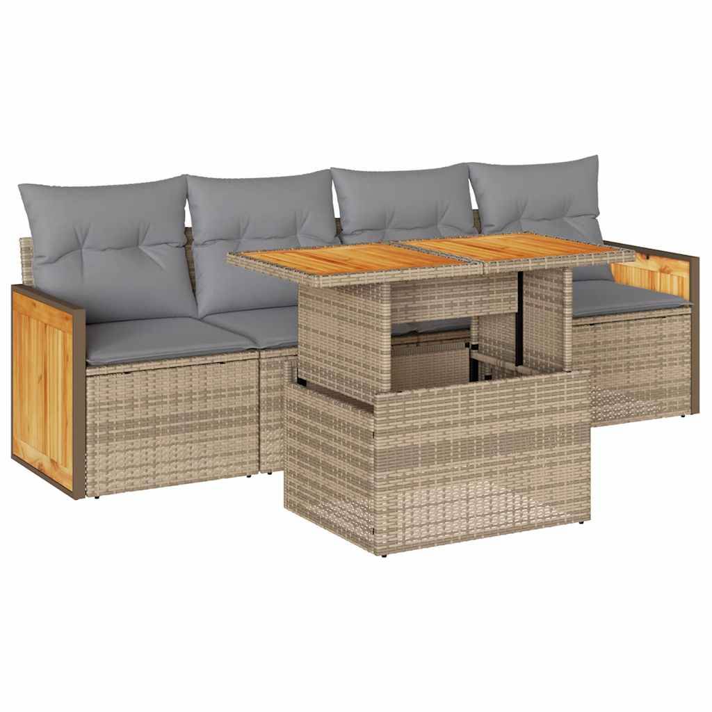 vidaXL 5-tlg. Garten-Sofagarnitur mit Kissen Beige Poly Rattan Akazie