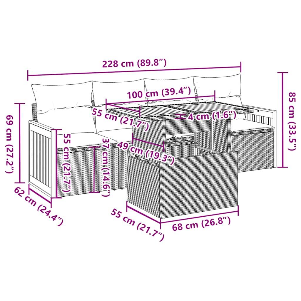 vidaXL 5-tlg. Garten-Sofagarnitur mit Kissen Beige Poly Rattan Akazie