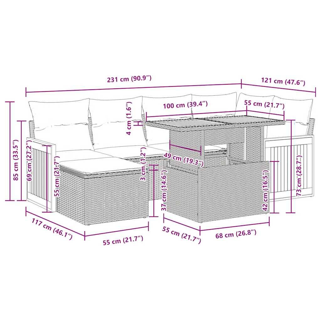 vidaXL 7-tlg. Garten-Sofagarnitur mit Kissen Beige Poly Rattan Akazie