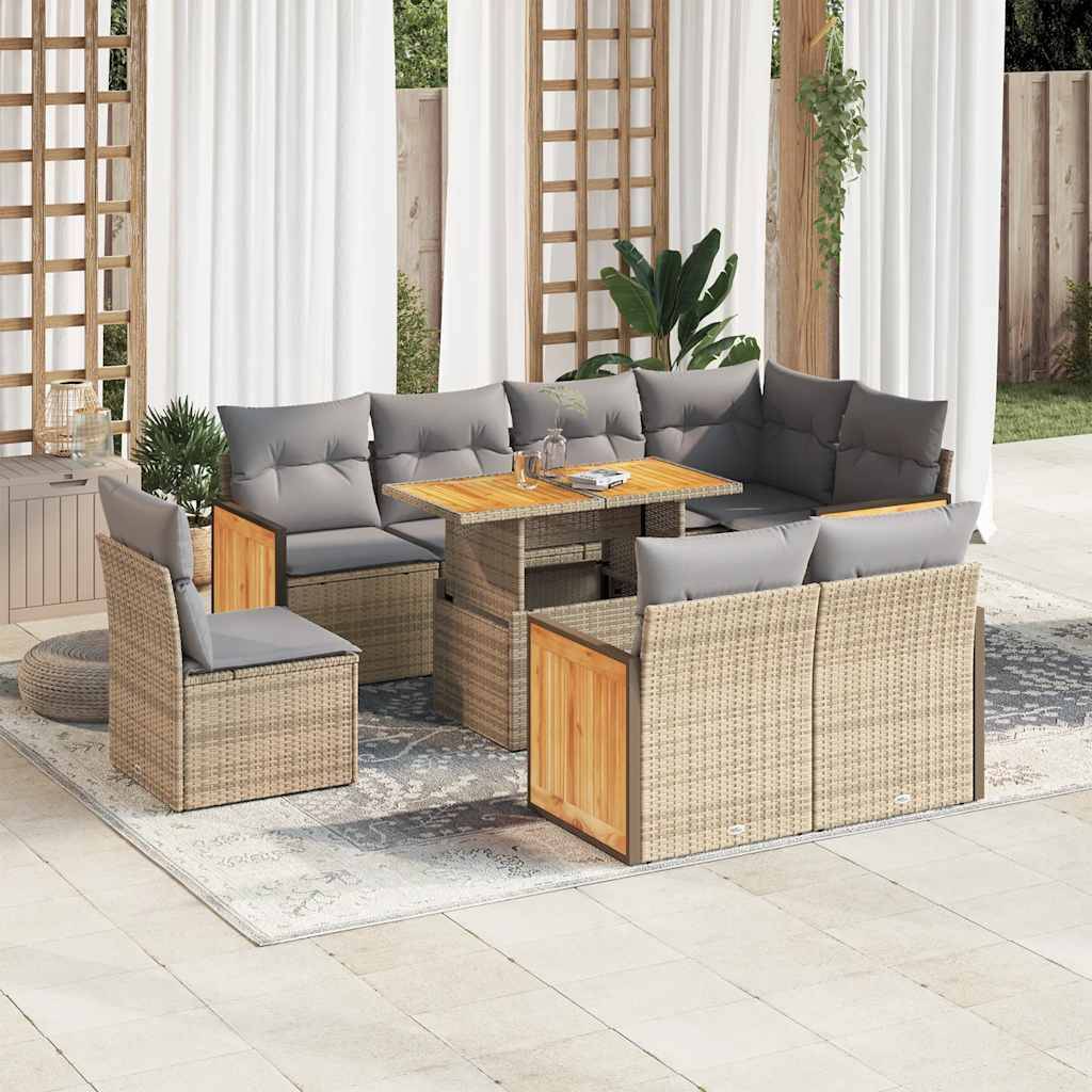 vidaXL 9-tlg. Garten-Sofagarnitur mit Kissen Beige Poly Rattan Akazie