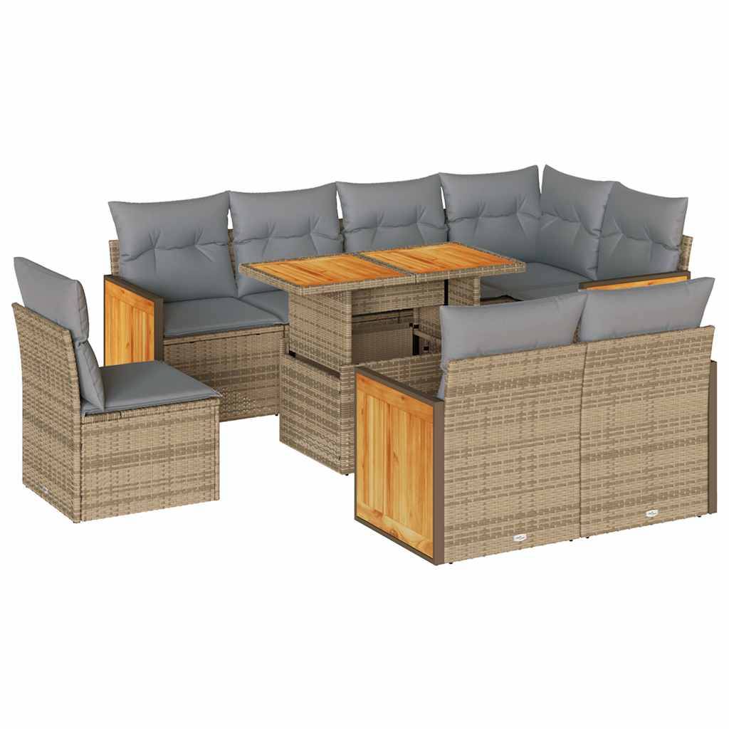 vidaXL 9-tlg. Garten-Sofagarnitur mit Kissen Beige Poly Rattan Akazie