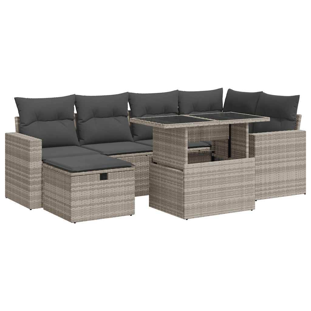 vidaXL 7-tlg. Garten-Sofagarnitur mit Kissen Hellgrau Poly Rattan