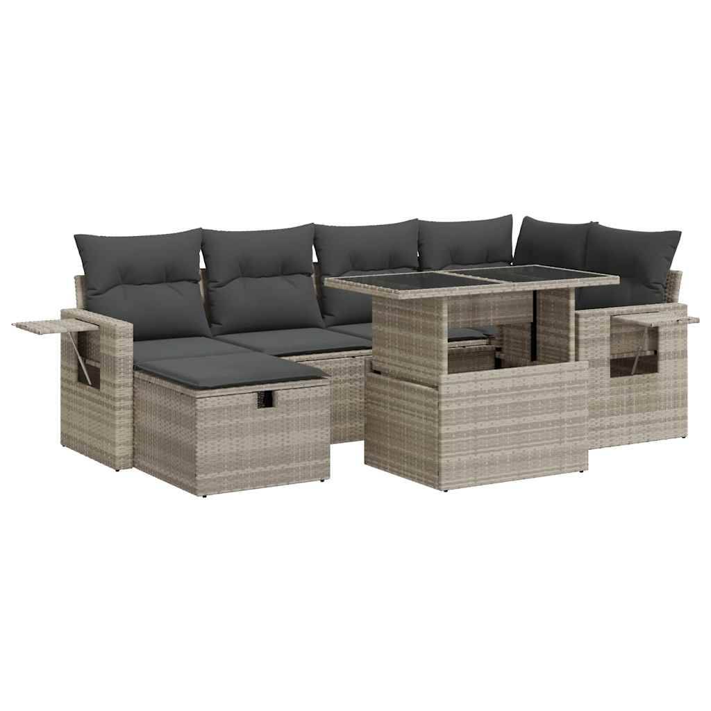 vidaXL 7-tlg. Garten-Sofagarnitur mit Kissen Hellgrau Poly Rattan