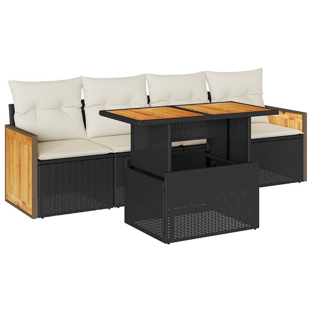 vidaXL 5tlg. Garten-Sofagarnitur mit Kissen Schwarz Poly Rattan Akazie
