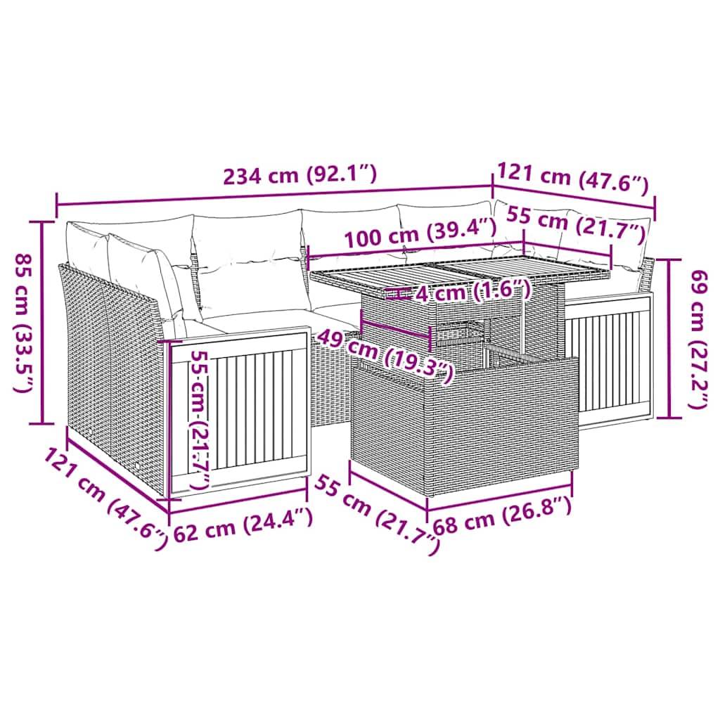 vidaXL 7-tlg. Garten-Sofagarnitur mit Kissen Schwarz Poly Rattan