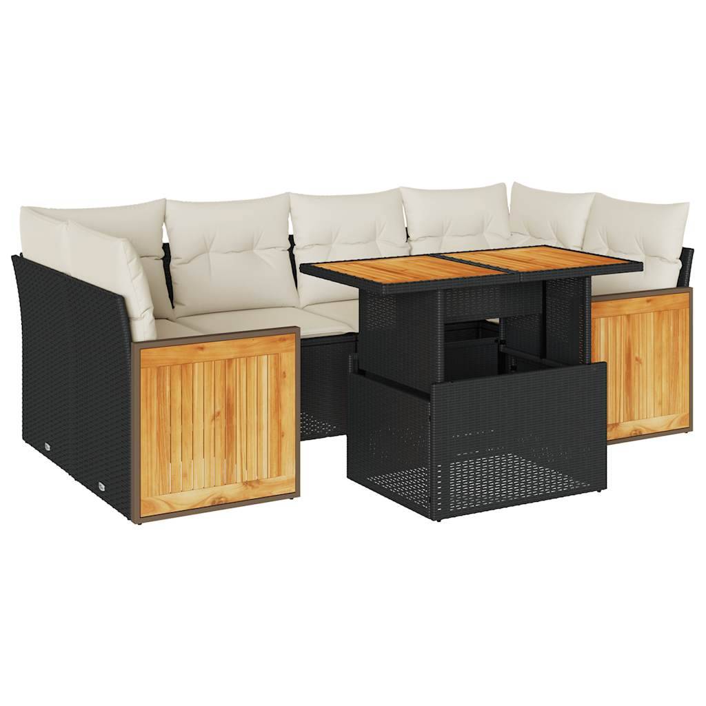 vidaXL 7-tlg. Garten-Sofagarnitur mit Kissen Schwarz Poly Rattan