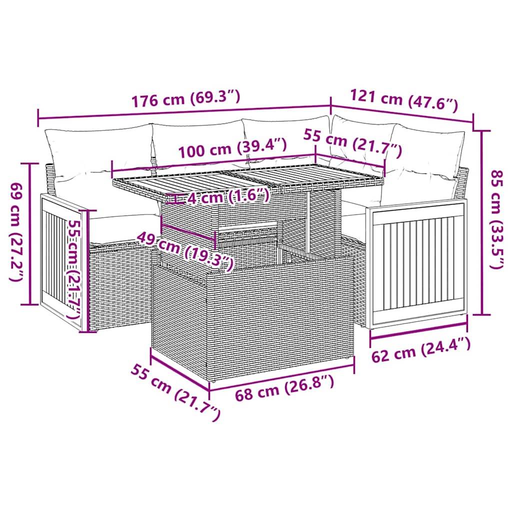 vidaXL 5-tlg. Garten-Sofagarnitur mit Kissen Grau Poly Rattan Akazie
