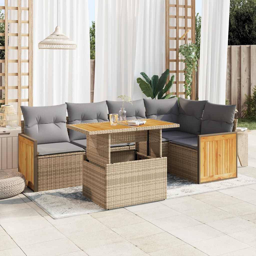 vidaXL 6-tlg. Garten-Sofagarnitur mit Kissen Beige Poly Rattan Akazie