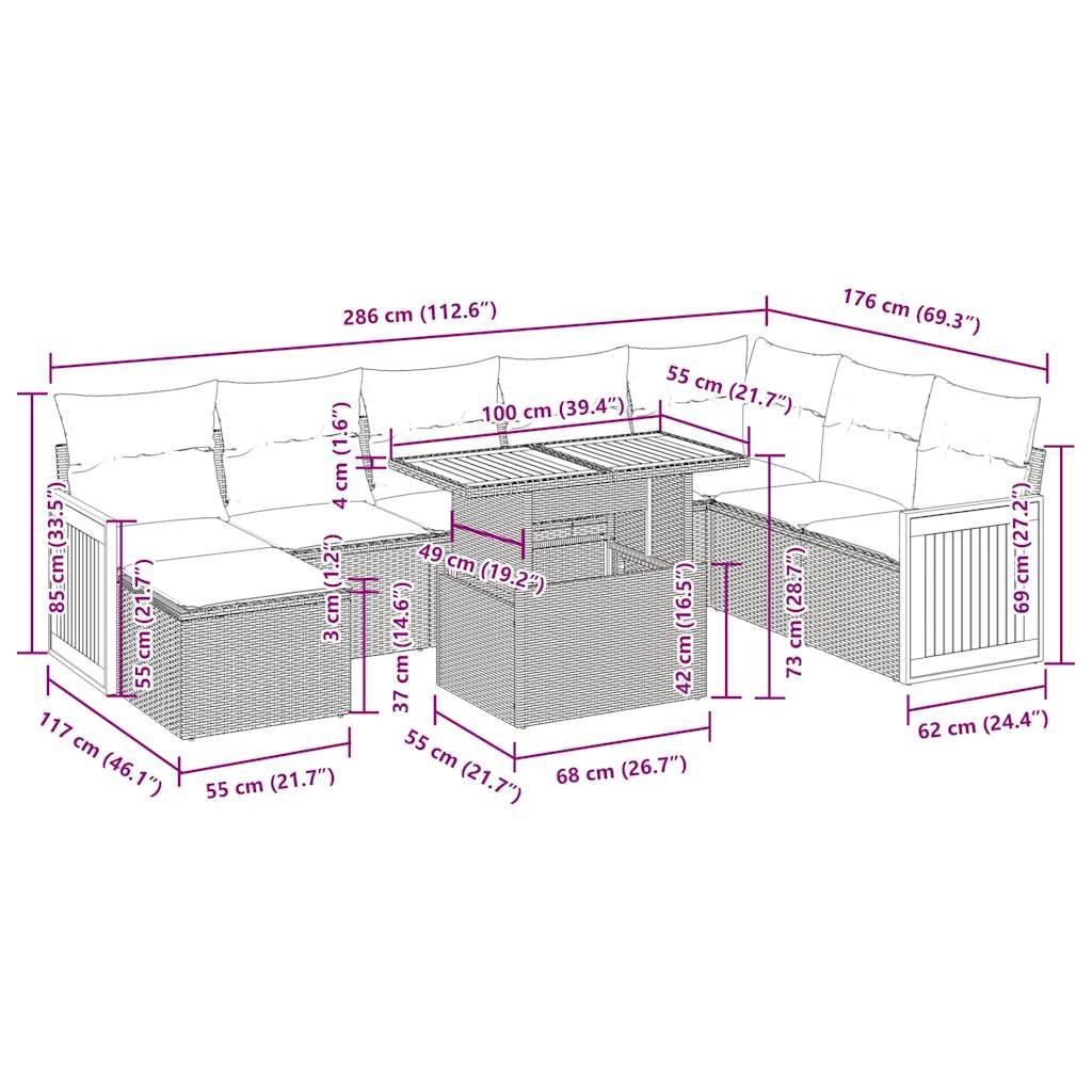 vidaXL 9-tlg. Garten-Sofagarnitur mit Kissen Schwarz Poly Rattan