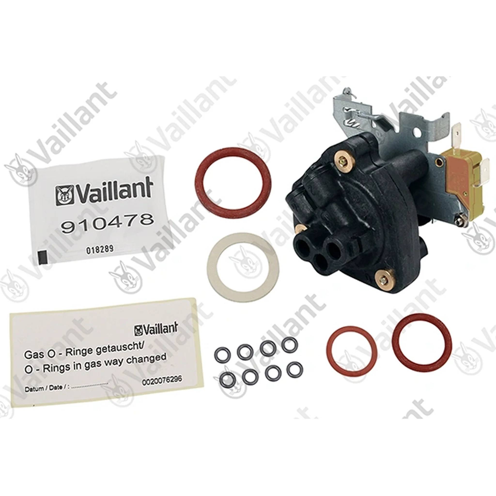 Vaillant-Gasventil-Reparatursatz mit Ventileinheit, O-Ringen, Dichtungen und beschrifteten Ersatzpaketen auf weißem Hintergrund.